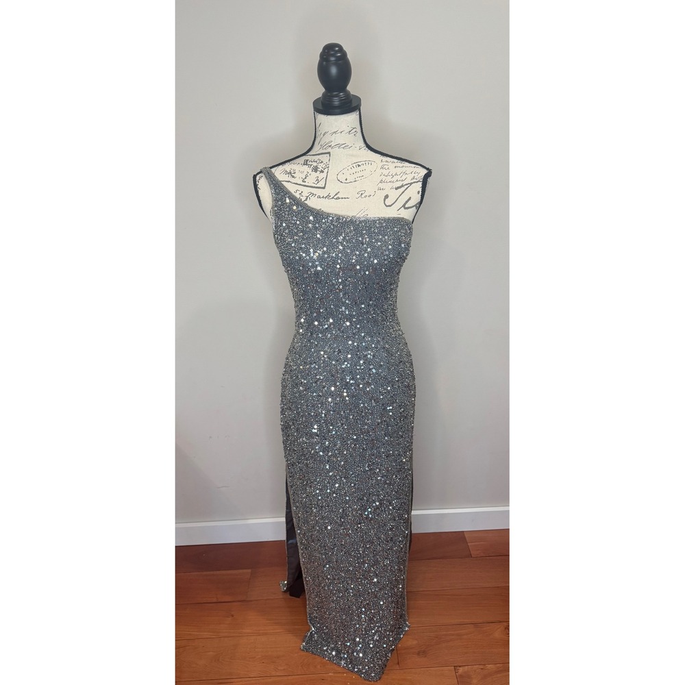 Scala Silk Silver Sequined One Shoulder Lattice Back Gown Sz M Y2K